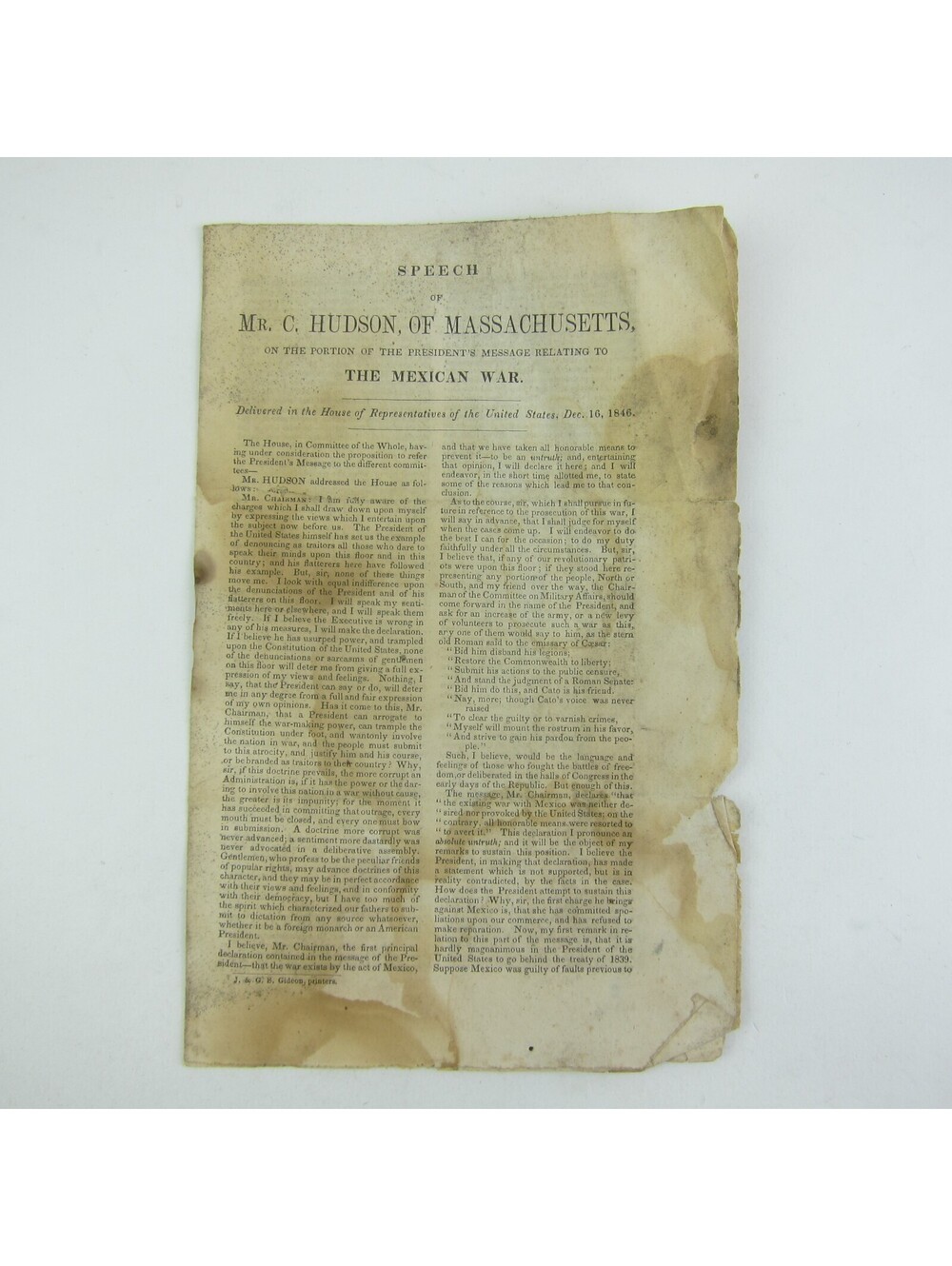 Speech C. Hudson Massachusetts on Mexican War Politics Rio Grande Antique 1846